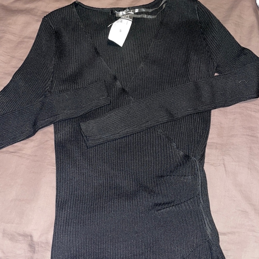 Black Deep V Long Sleeve cross wrap shirt